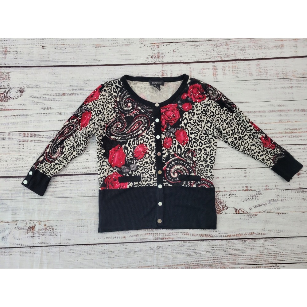 White House Black Market Black Red Roses Paisley Snap Button Cardigan XS